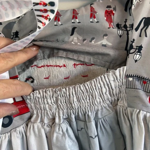 Handmade one of a kind girl's smocked dress, London Print - Picture 9 of 12